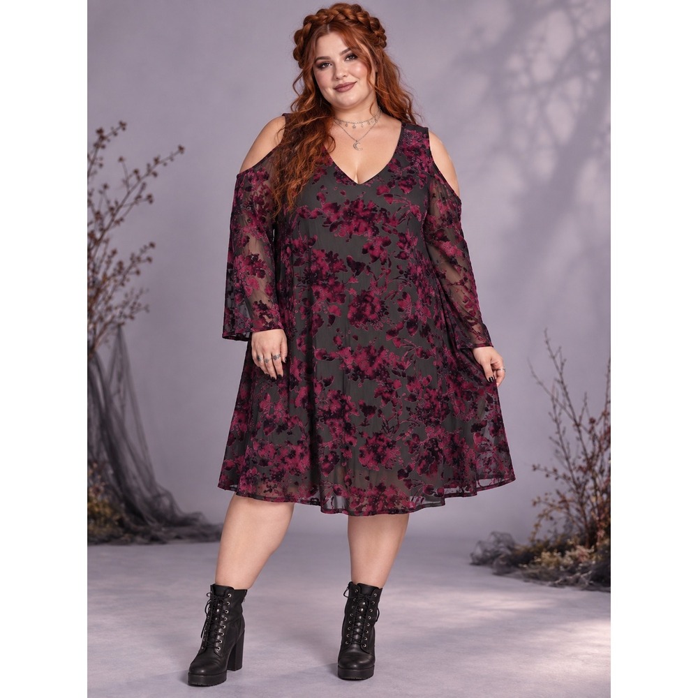 Whimsigoth Fairygrunge Boho Pink Black Burnout Velvet Cold Shoulder 22/24 Dress